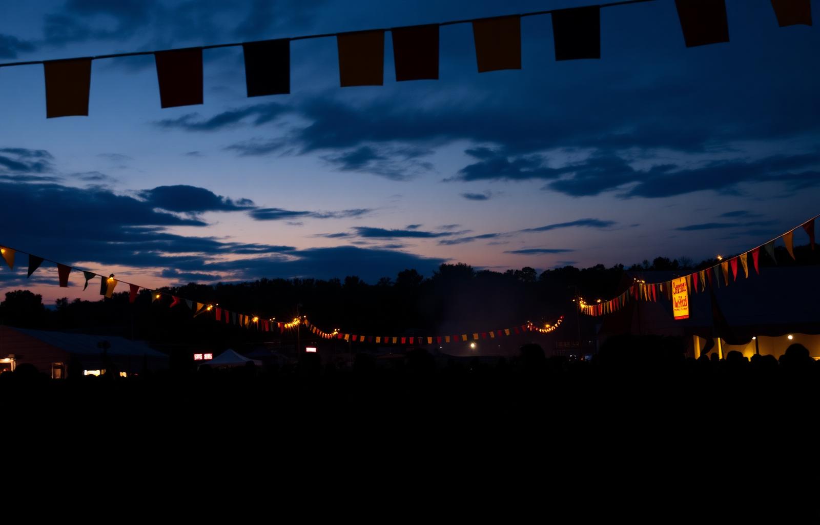 Festival crowd cheering at sunset
